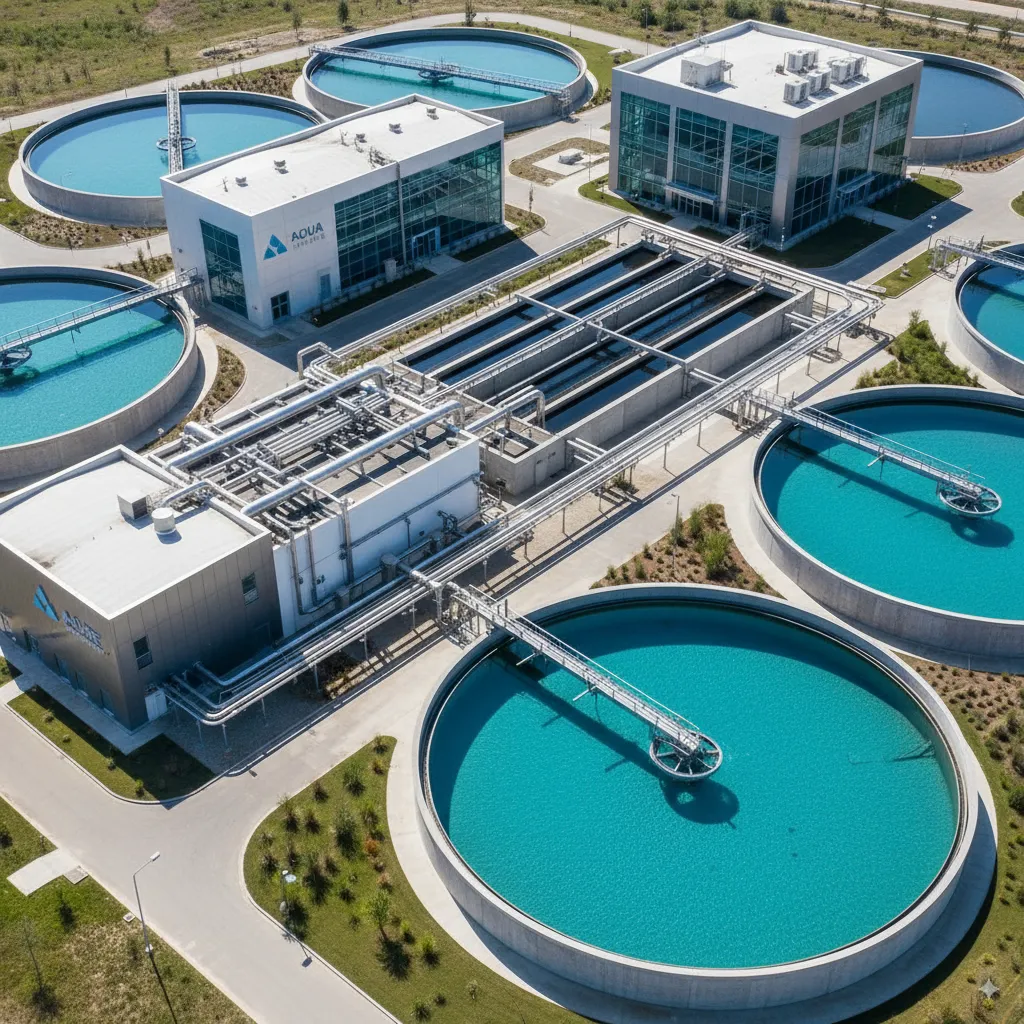 Modern industrial water and waste water treatment facility view with advanced purification systems